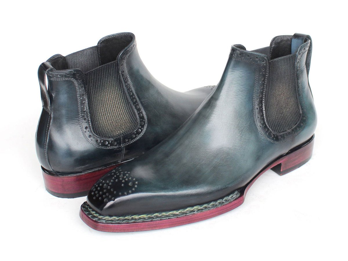 Paul Parkman Men's Custom Norwegian Welted Chelsea Boots Blue Burnished Leather 8847 BLU
