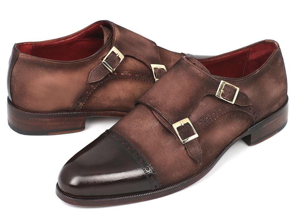 Paul Parkman Men's Double Monkstrap Captoe Dress Shoes - Brown / Beige Suede Upper and Leather Sole (IDFK09)