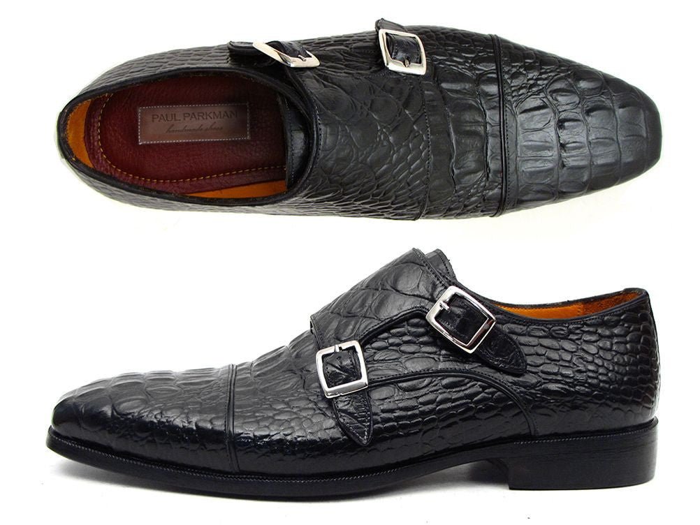 Paul Parkman Men's Double Monkstraps Black Crocodile Embossed Calfskin (ID045BK41)