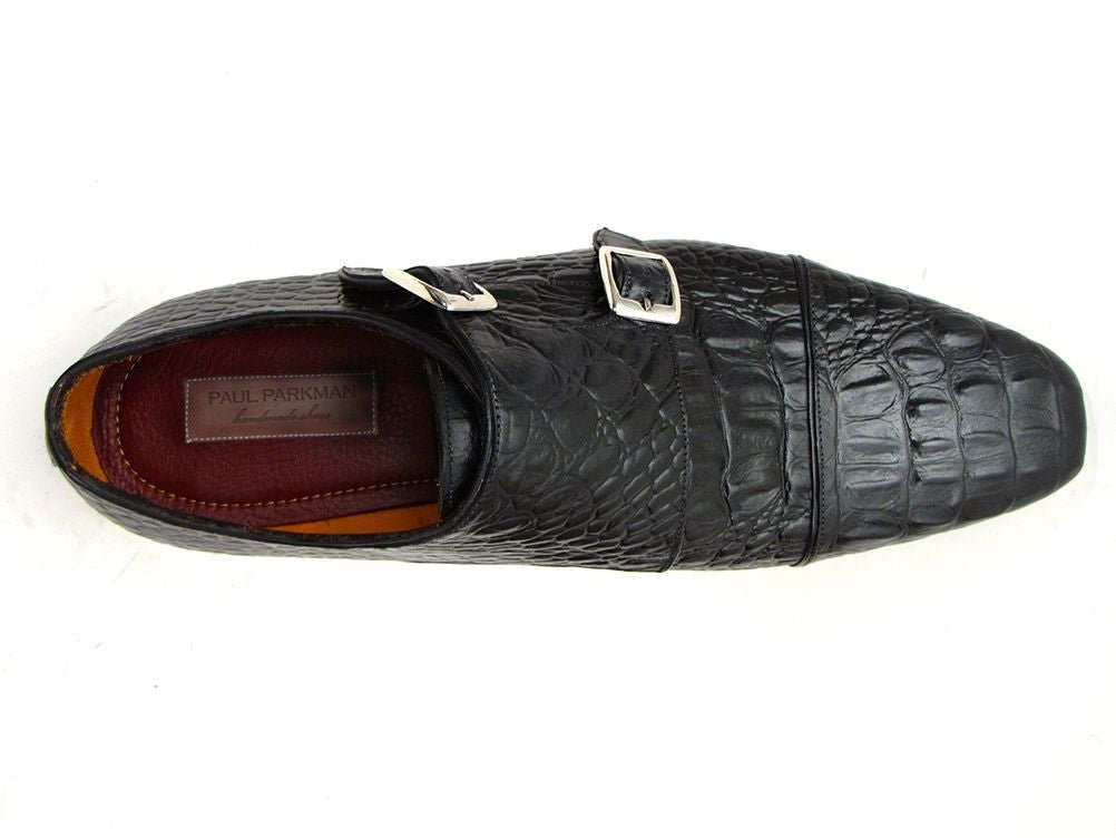 Paul Parkman Men's Double Monkstraps Black Crocodile Embossed Calfskin (ID045BK41)