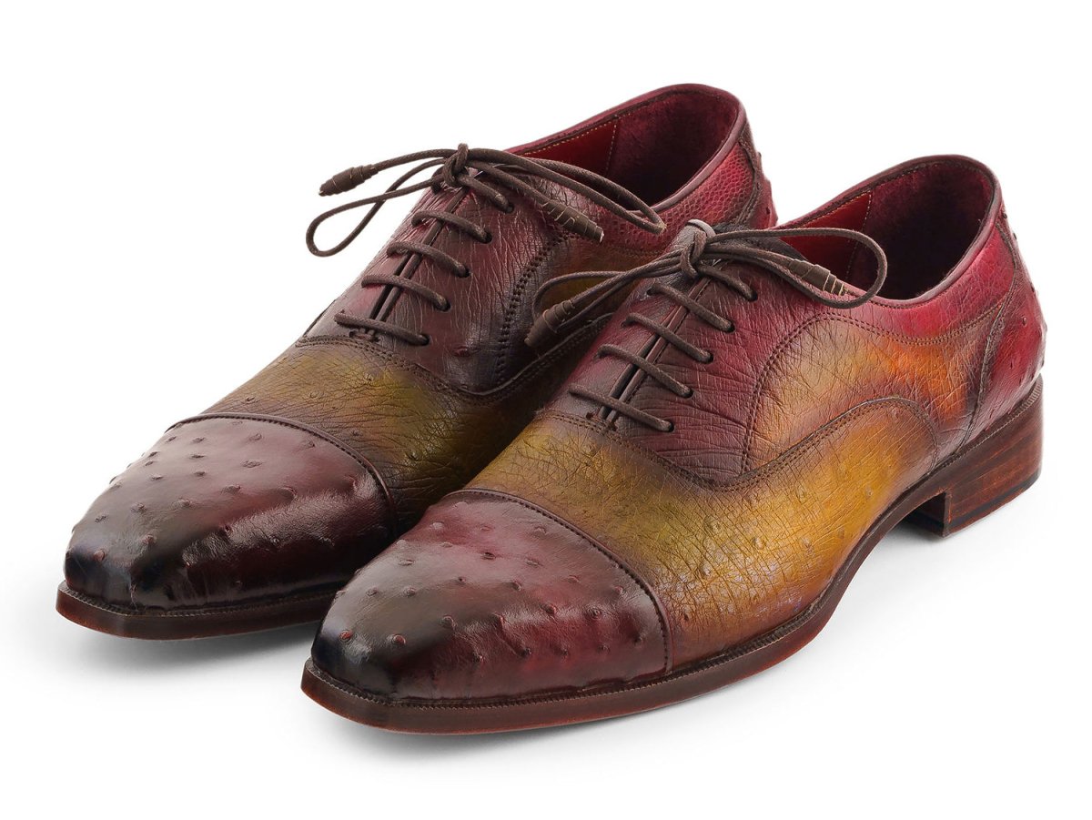 Paul Parkman Men's Genuine Ostrich Captoe Oxfords Green and Burgundy (ID24XS11)