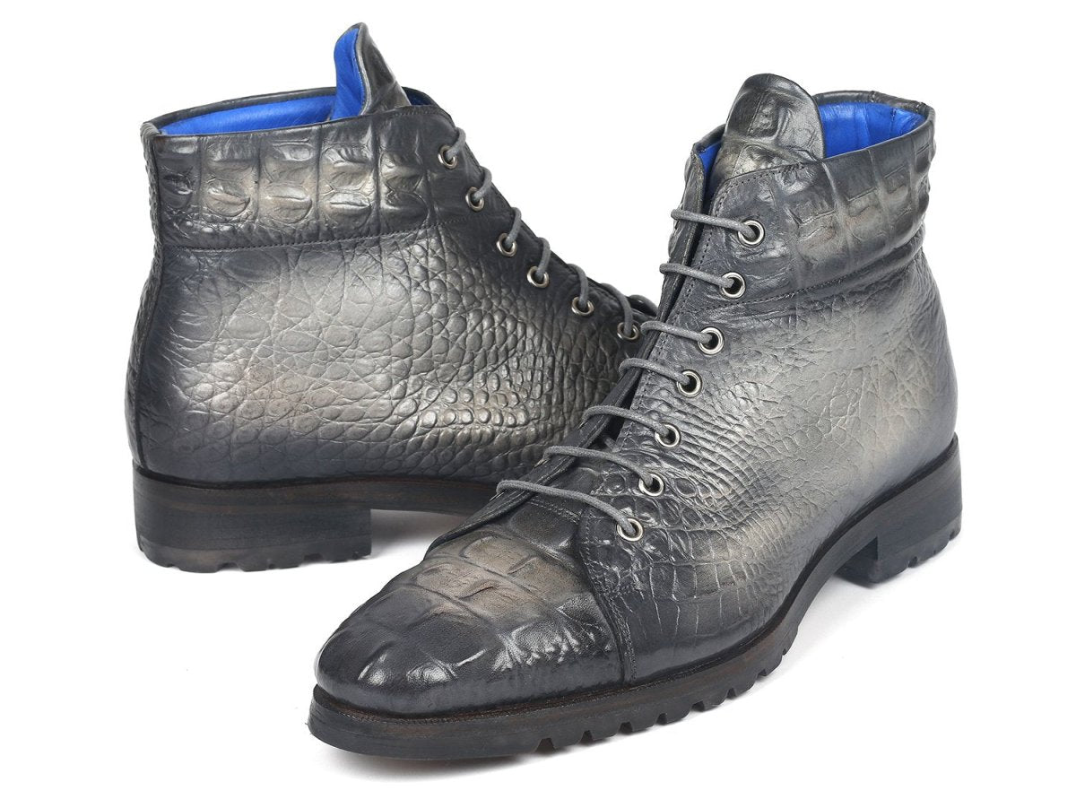 Paul Parkman Men's Gray Croco Embossed Leather Boots (12811 GRY)