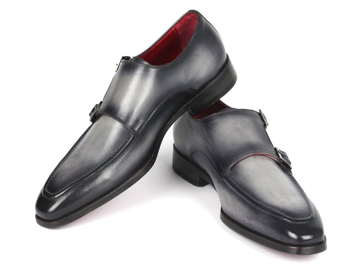 Paul Parkman Men's Gray Leather Double Monkstrap Shoes (IDSW534GY)