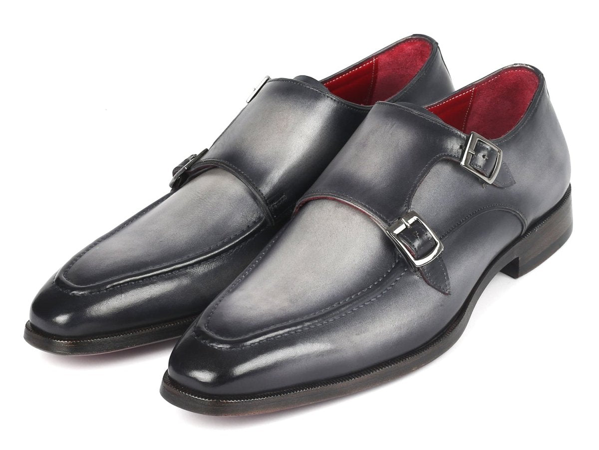 Paul Parkman Men's Gray Leather Double Monkstrap Shoes (IDSW534GY)