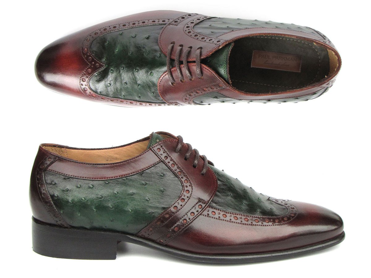 Paul Parkman Men's Green Ostrich and Brown Leather Derby Shoes