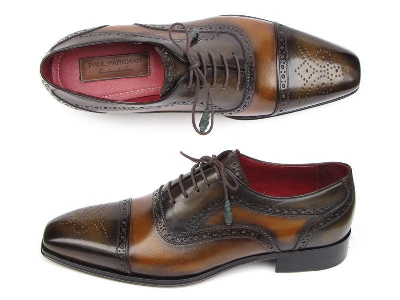 Paul Parkman Men's Hand Painted Leather Captoe Oxfords in Camel and Olive