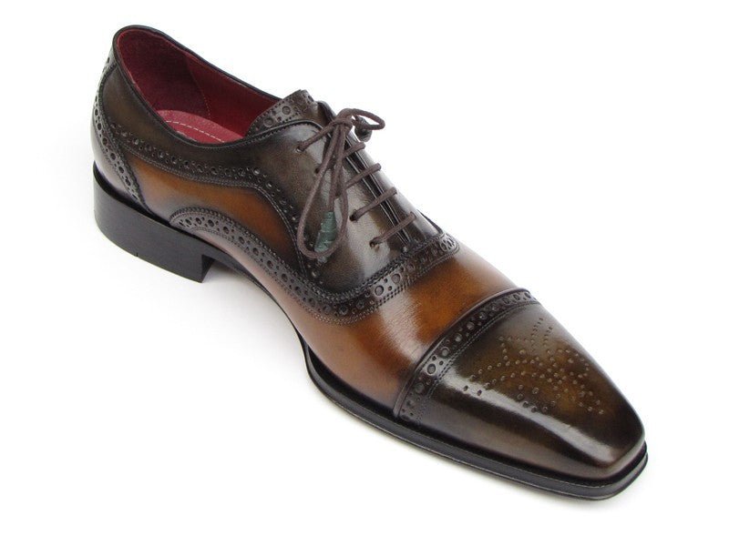 Paul Parkman Men's Hand Painted Leather Captoe Oxfords in Camel and Olive