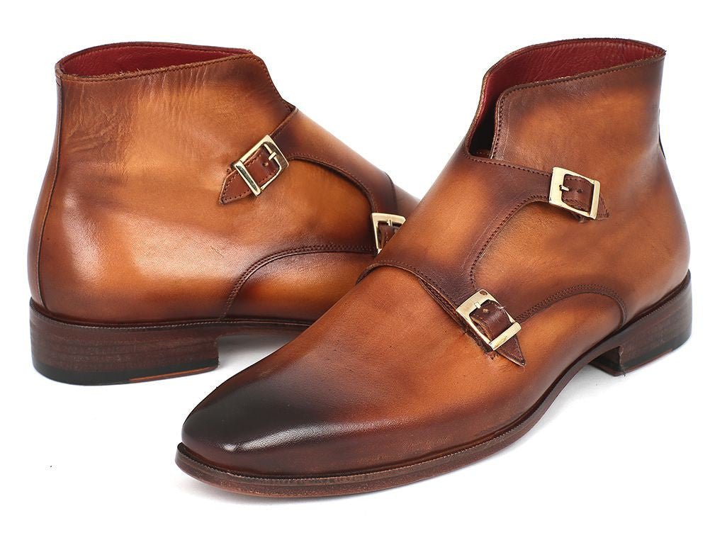 Paul Parkman Men's Hand Painted Leather Double Monkstrap Boots in Brown