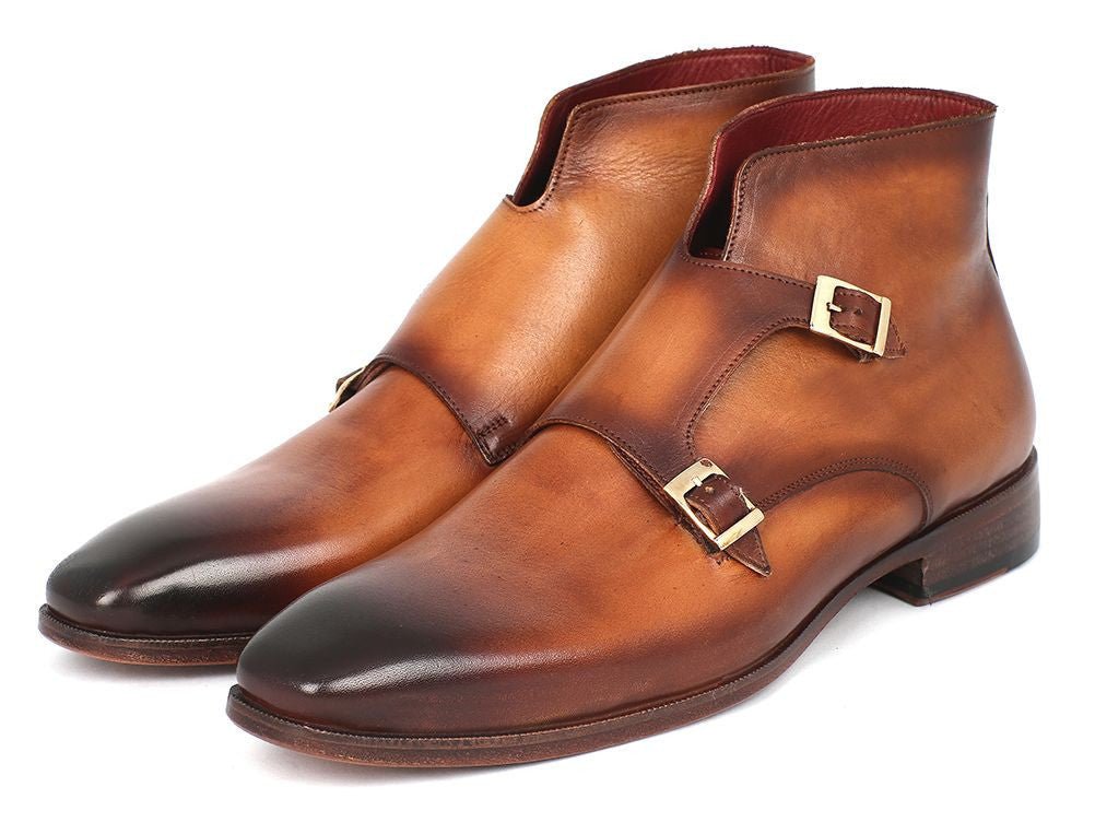 Paul Parkman Men's Hand Painted Leather Double Monkstrap Boots in Brown