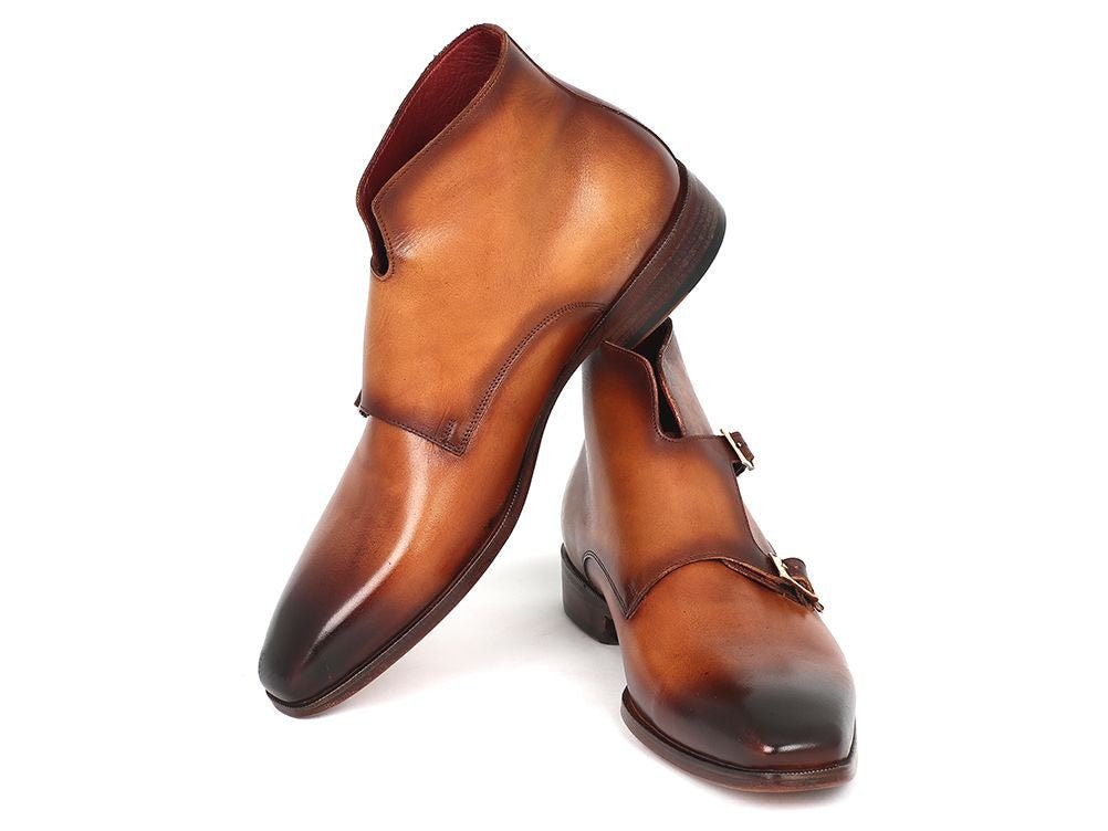 Paul Parkman Men's Hand Painted Leather Double Monkstrap Boots in Brown