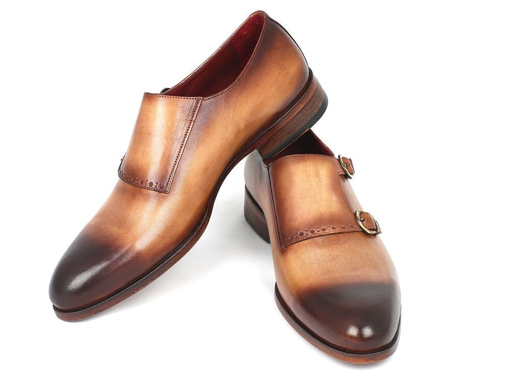 Paul Parkman Men's Hand Painted Leather Double Monkstraps in Brown and Camel