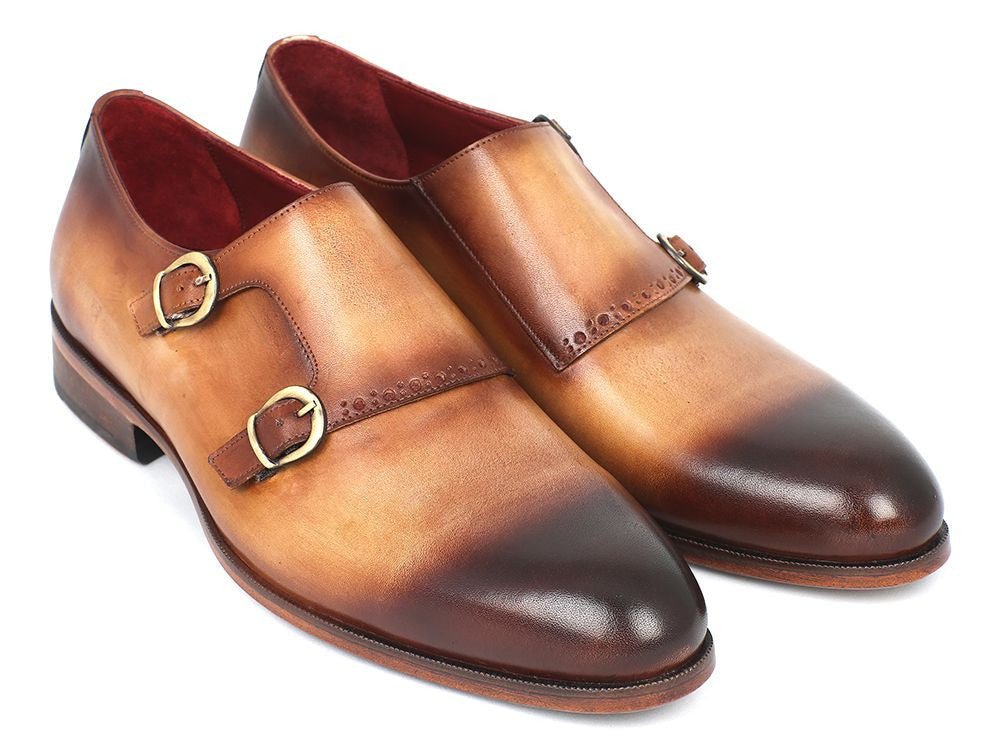 Paul Parkman Men's Hand Painted Leather Double Monkstraps in Brown and Camel