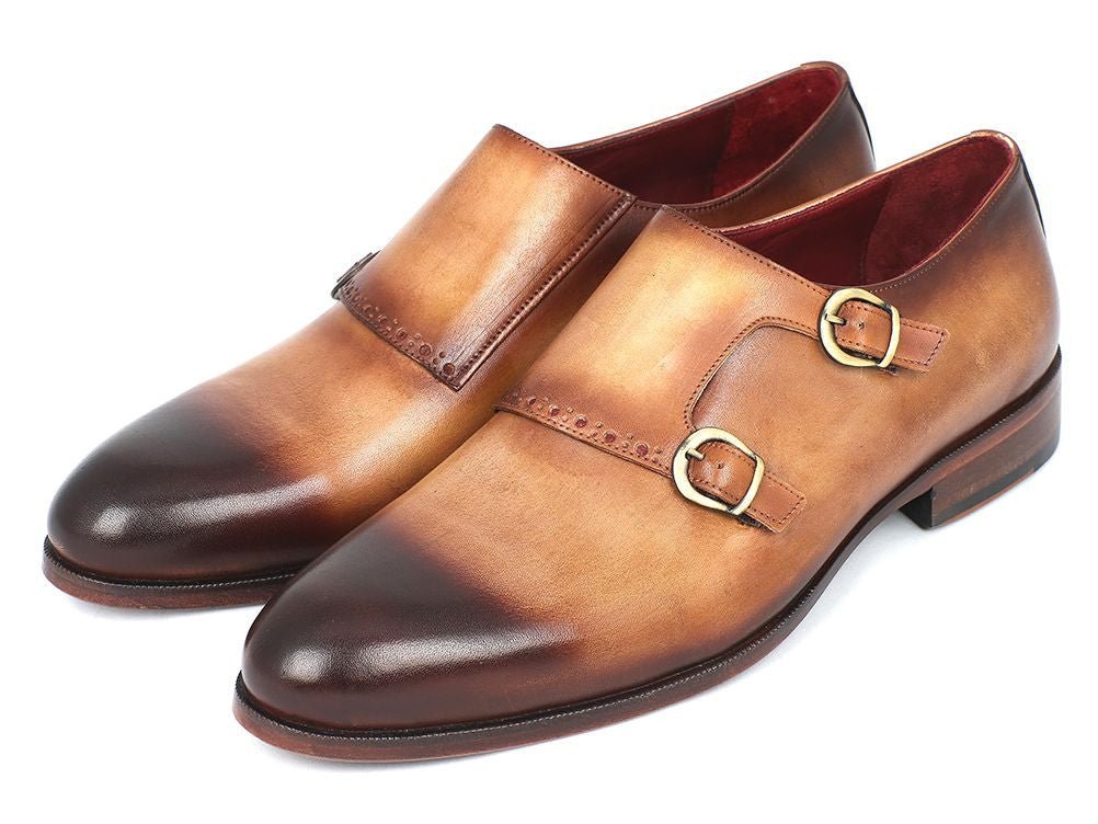Paul Parkman Men's Hand Painted Leather Double Monkstraps in Brown and Camel