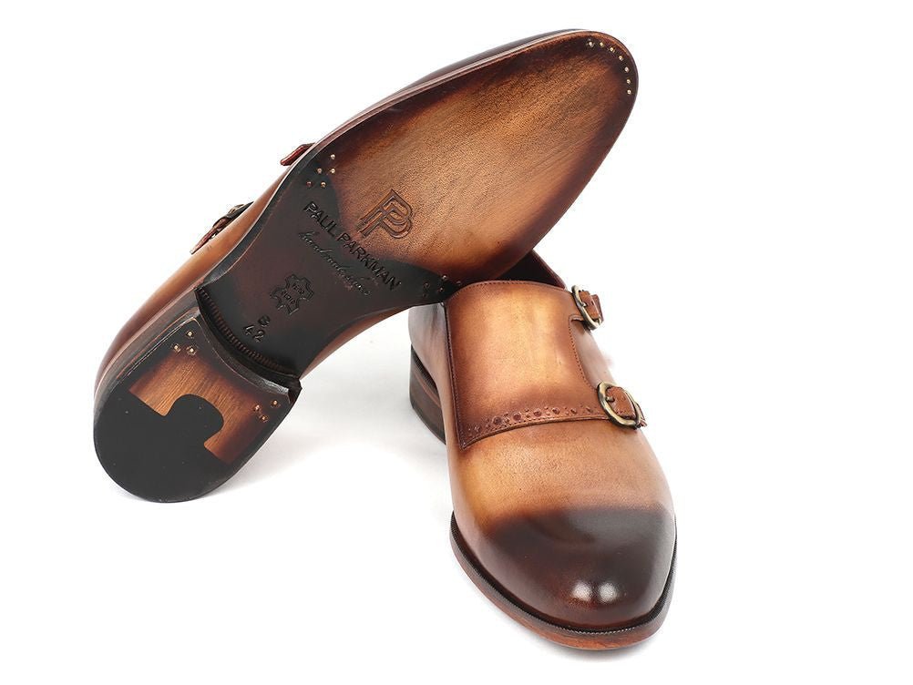 Paul Parkman Men's Hand Painted Leather Double Monkstraps in Brown and Camel