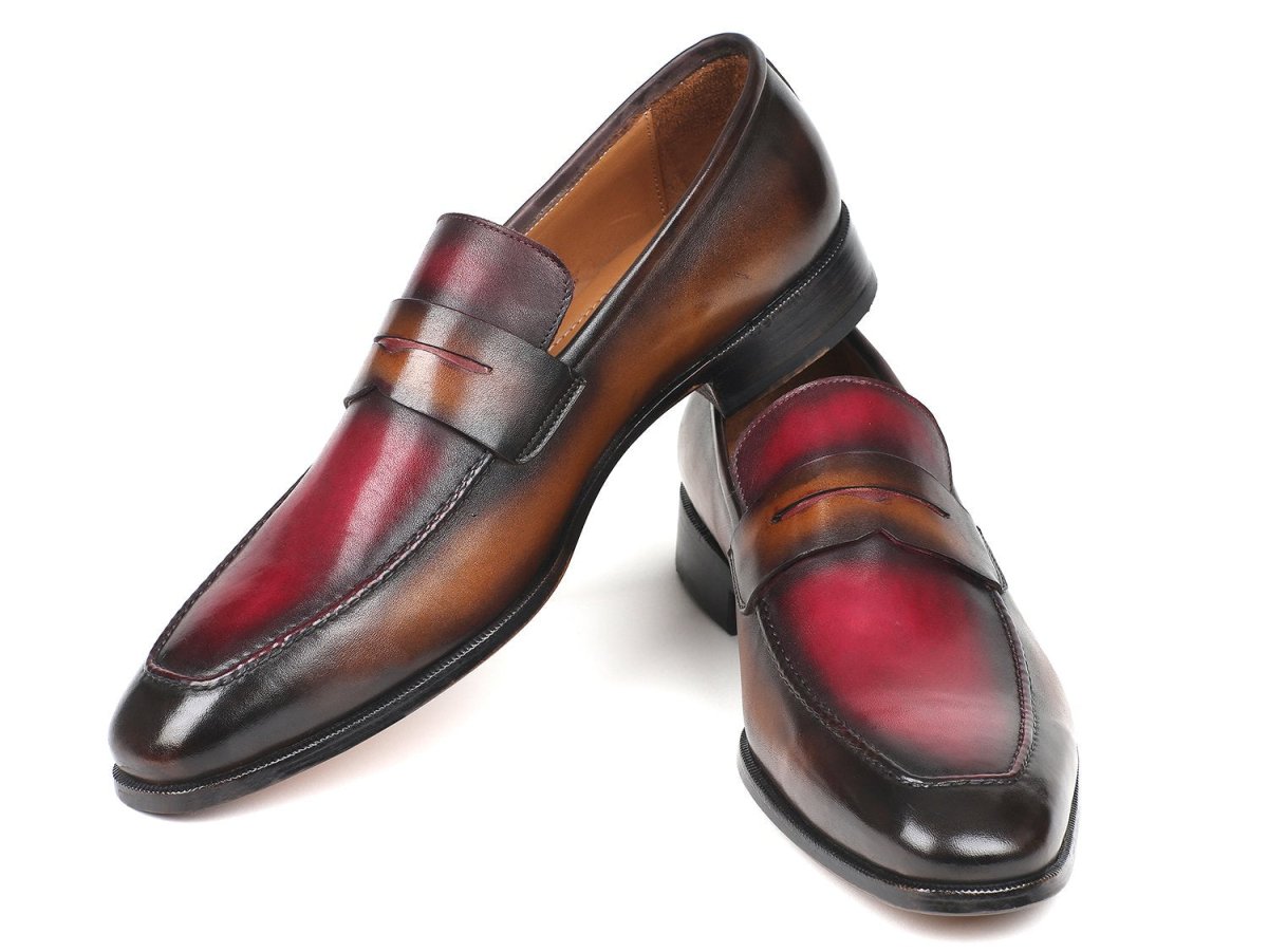 Paul Parkman Men's Hand Painted Leather Loafers in Brown and Bordeaux