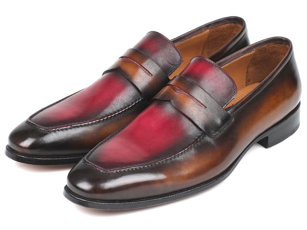 Paul Parkman Men's Hand Painted Leather Loafers in Brown and Bordeaux