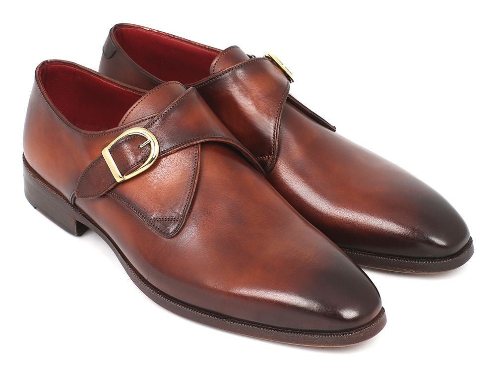 Paul Parkman Men's Hand Painted Leather Monkstraps in Brown and Camel