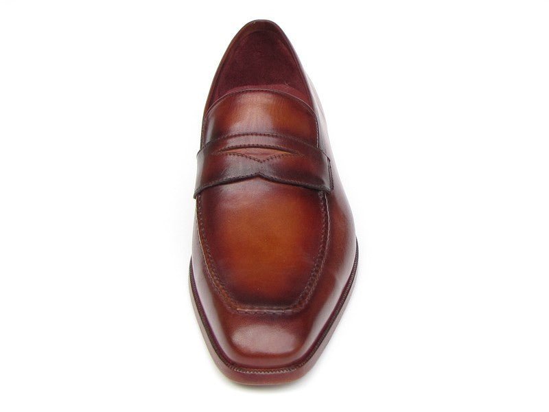 Paul Parkman Men's Hand Painted Leather Penny Loafers in Tobacco and Bordeaux