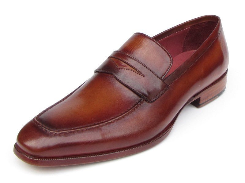 Paul Parkman Men's Hand Painted Leather Penny Loafers in Tobacco and Bordeaux