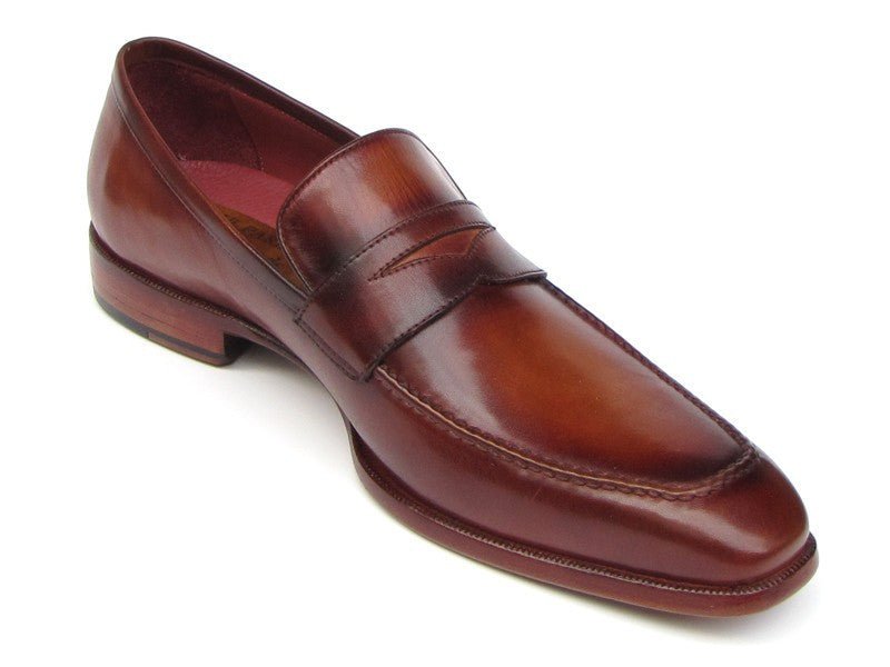 Paul Parkman Men's Hand Painted Leather Penny Loafers in Tobacco and Bordeaux