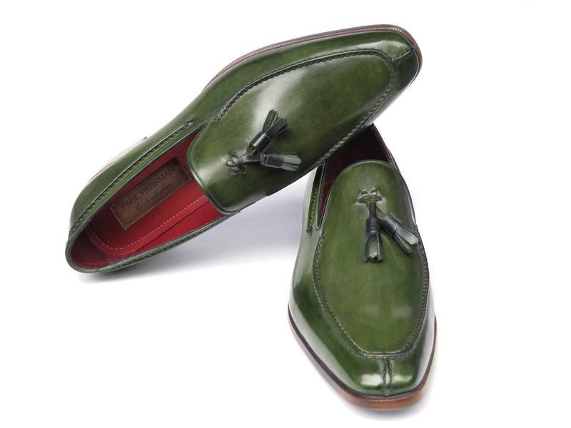 Paul Parkman Men's Hand Painted Leather Tassel Loafers in Green