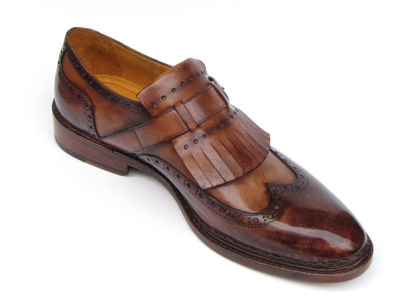 Paul Parkman Men's Hand Painted Leather Wingtip Monkstrap Brogues in Brown