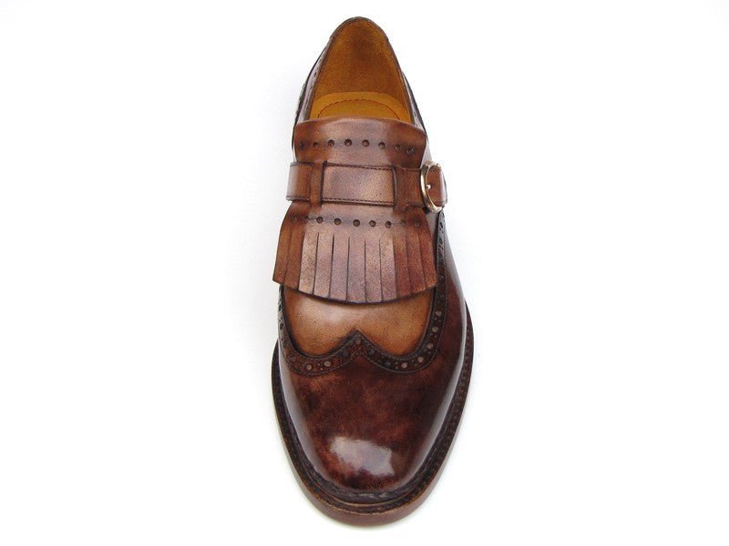 Paul Parkman Men's Hand Painted Leather Wingtip Monkstrap Brogues in Brown