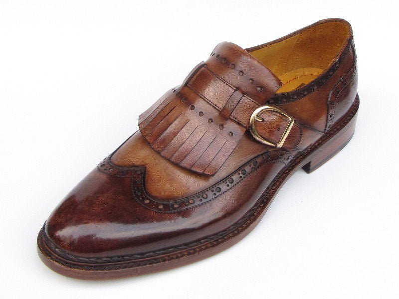 Paul Parkman Men's Hand Painted Leather Wingtip Monkstrap Brogues in Brown