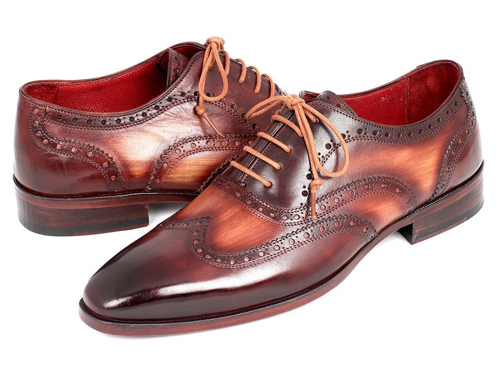 Paul Parkman Men's Hand Painted Leather Wingtip Oxfords in Camel and Bordeaux