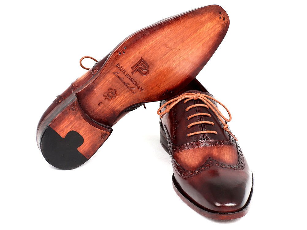 Paul Parkman Men's Hand Painted Leather Wingtip Oxfords in Camel and Bordeaux