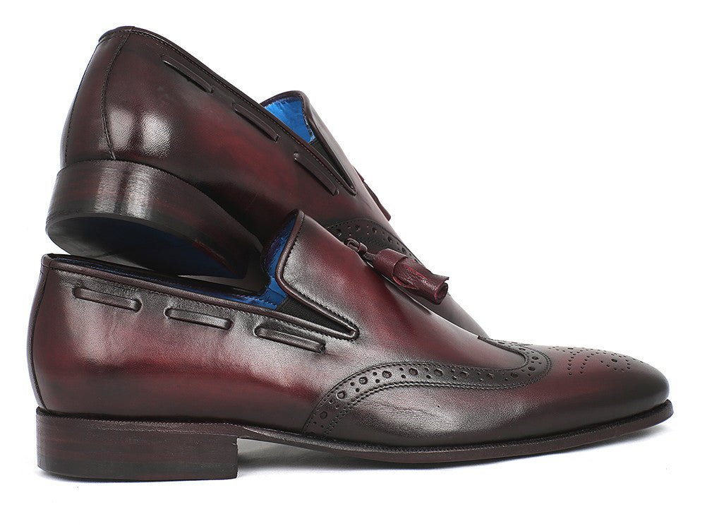 Paul Parkman Men's Hand Painted Leather Wingtip Tassel Loafers in Bordeaux