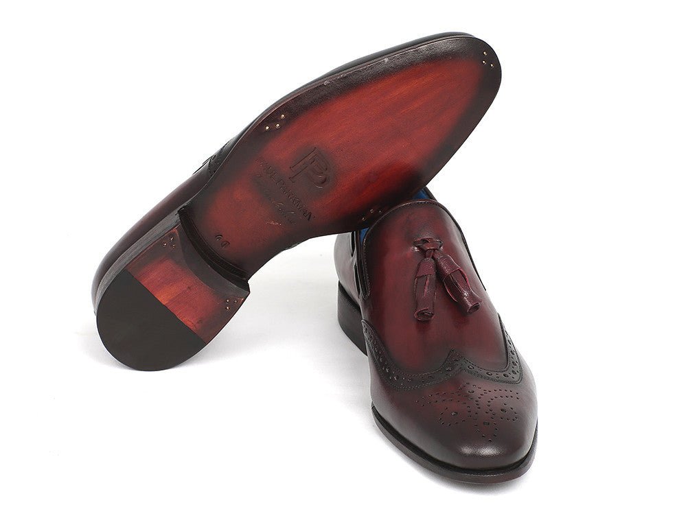Paul Parkman Men's Hand Painted Leather Wingtip Tassel Loafers in Bordeaux