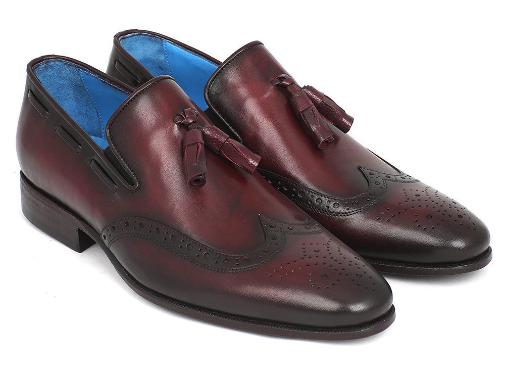 Paul Parkman Men's Hand Painted Leather Wingtip Tassel Loafers in Bordeaux