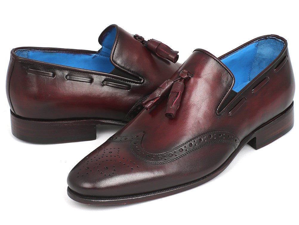 Paul Parkman Men's Hand Painted Leather Wingtip Tassel Loafers in Bordeaux