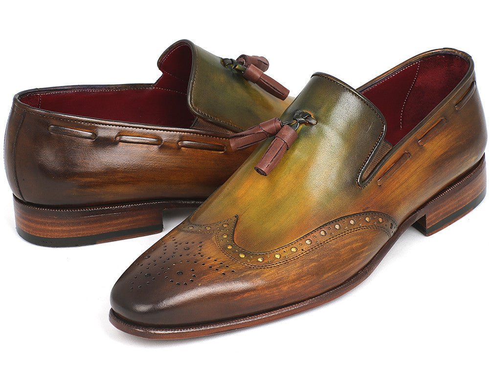 Paul Parkman Men's Hand Painted Leather Wingtip Tassel Loafers in Green
