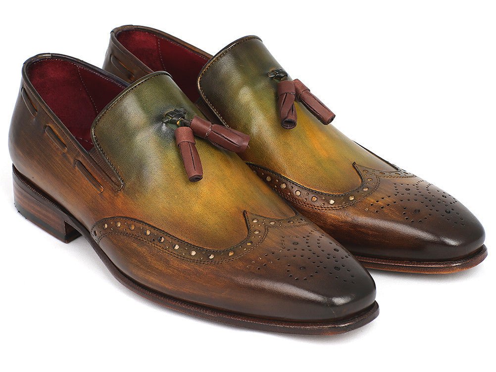 Paul Parkman Men's Hand Painted Leather Wingtip Tassel Loafers in Green