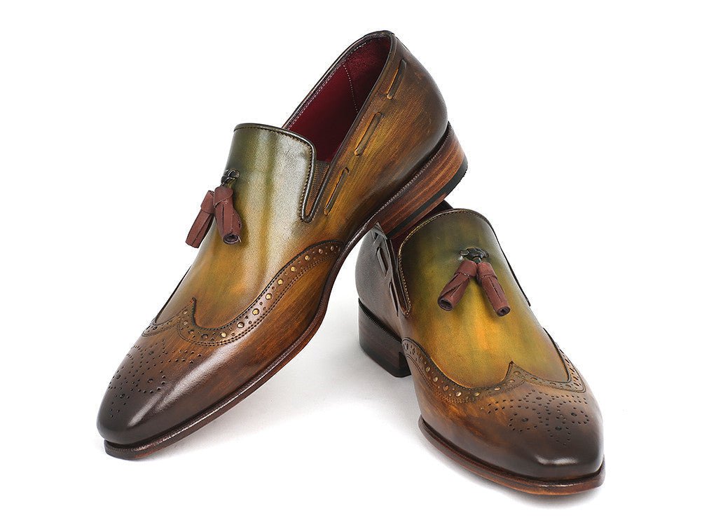 Paul Parkman Men's Hand Painted Leather Wingtip Tassel Loafers in Green