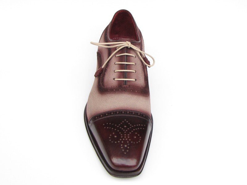 Paul Parkman Men's Hand Painted Suede Captoe Oxfords in Bordeaux and Beige