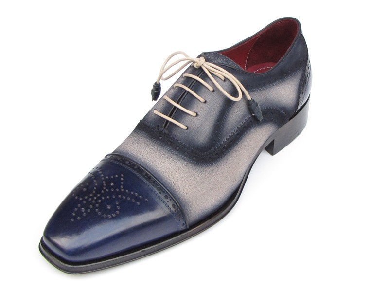 Paul Parkman Men's Hand Painted Suede Captoe Oxfords in Navy and Beige