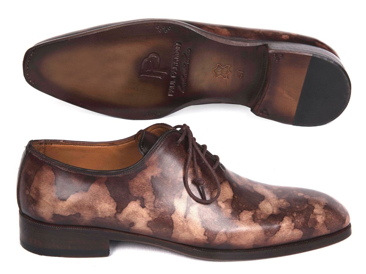 Paul Parkman Men's Hand Painted Wholecut Oxfords in Brown Camouflage