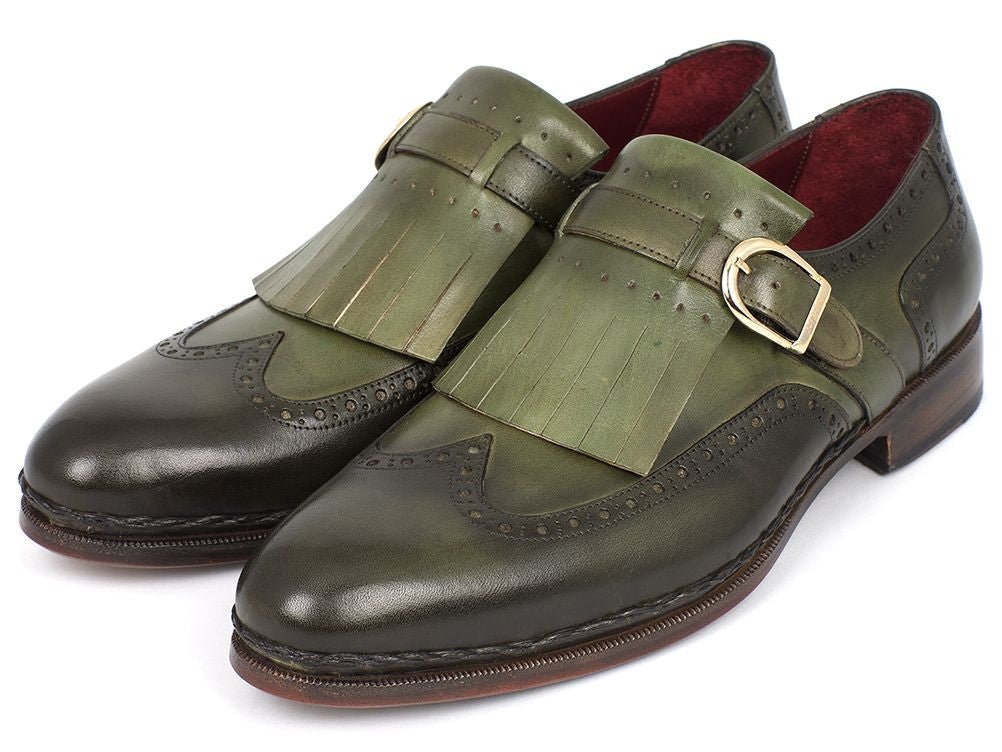 Paul Parkman Men's Hand Painted Wingtip Monkstrap Brogues in Green