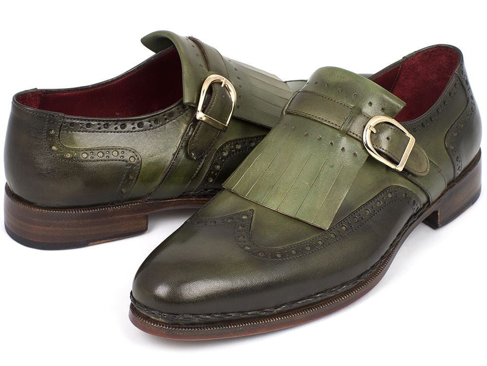 Paul Parkman Men's Hand Painted Wingtip Monkstrap Brogues in Green