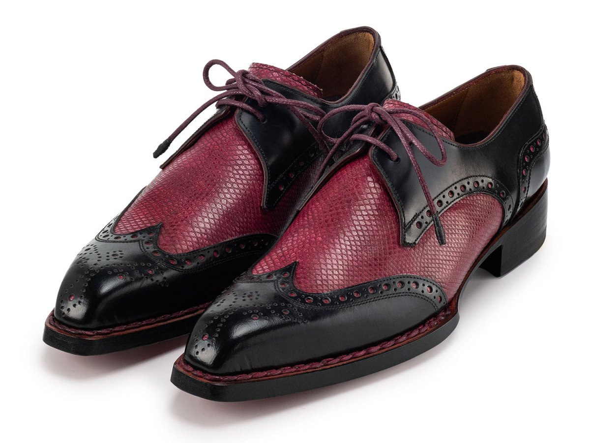 Paul Parkman Men's Hand Welted Black and Red Leather Wingtip Derby Shoes (ID170KRBRD)