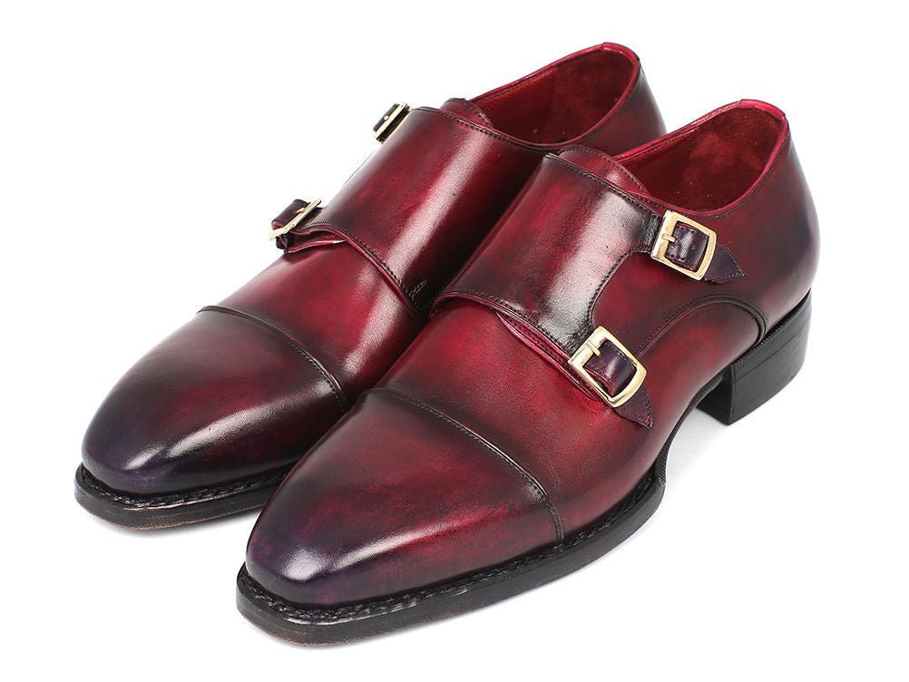Paul Parkman Men's Hand Welted Captoe Monkstraps in Purple and Burgundy
