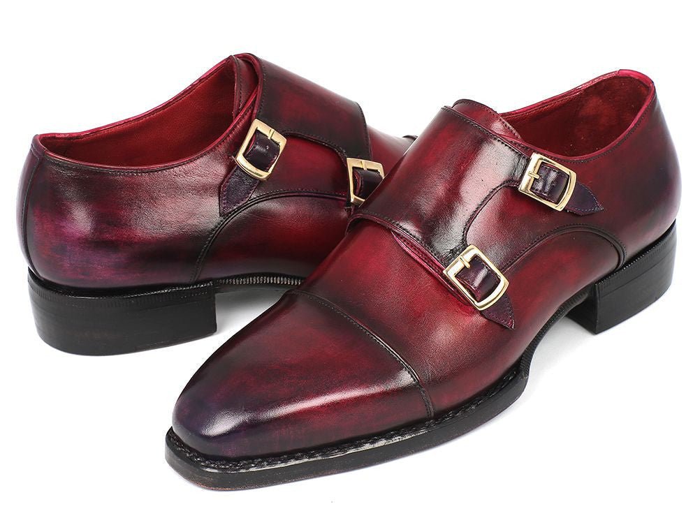 Paul Parkman Men's Hand Welted Captoe Monkstraps in Purple and Burgundy