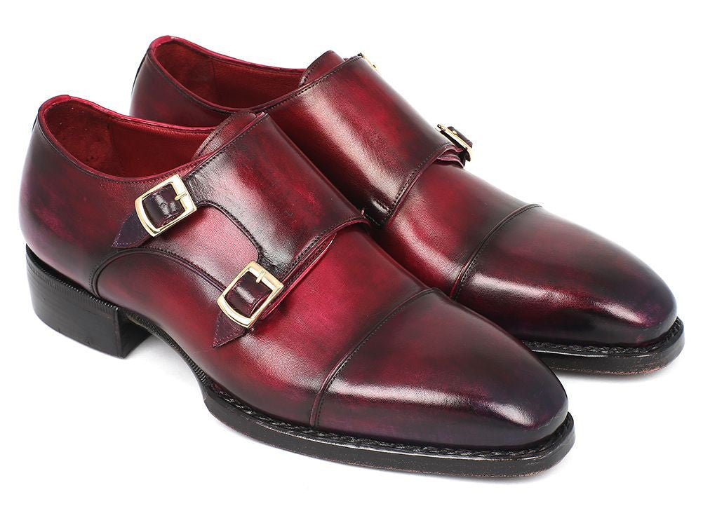 Paul Parkman Men's Hand Welted Captoe Monkstraps in Purple and Burgundy