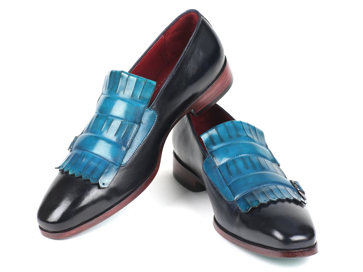 Paul Parkman Men's Kiltie Double Monkstraps in Light Blue and Navy