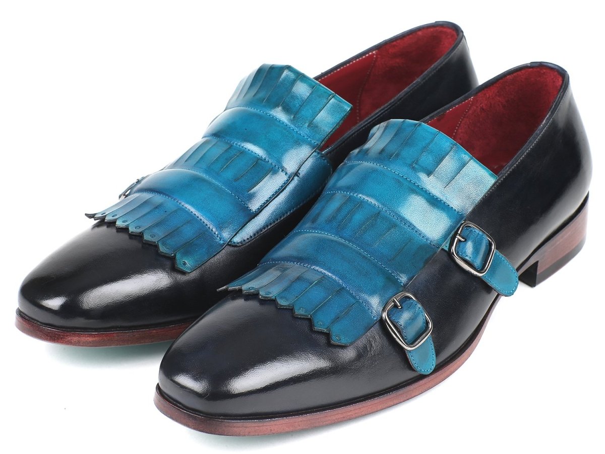 Paul Parkman Men's Kiltie Double Monkstraps in Light Blue and Navy