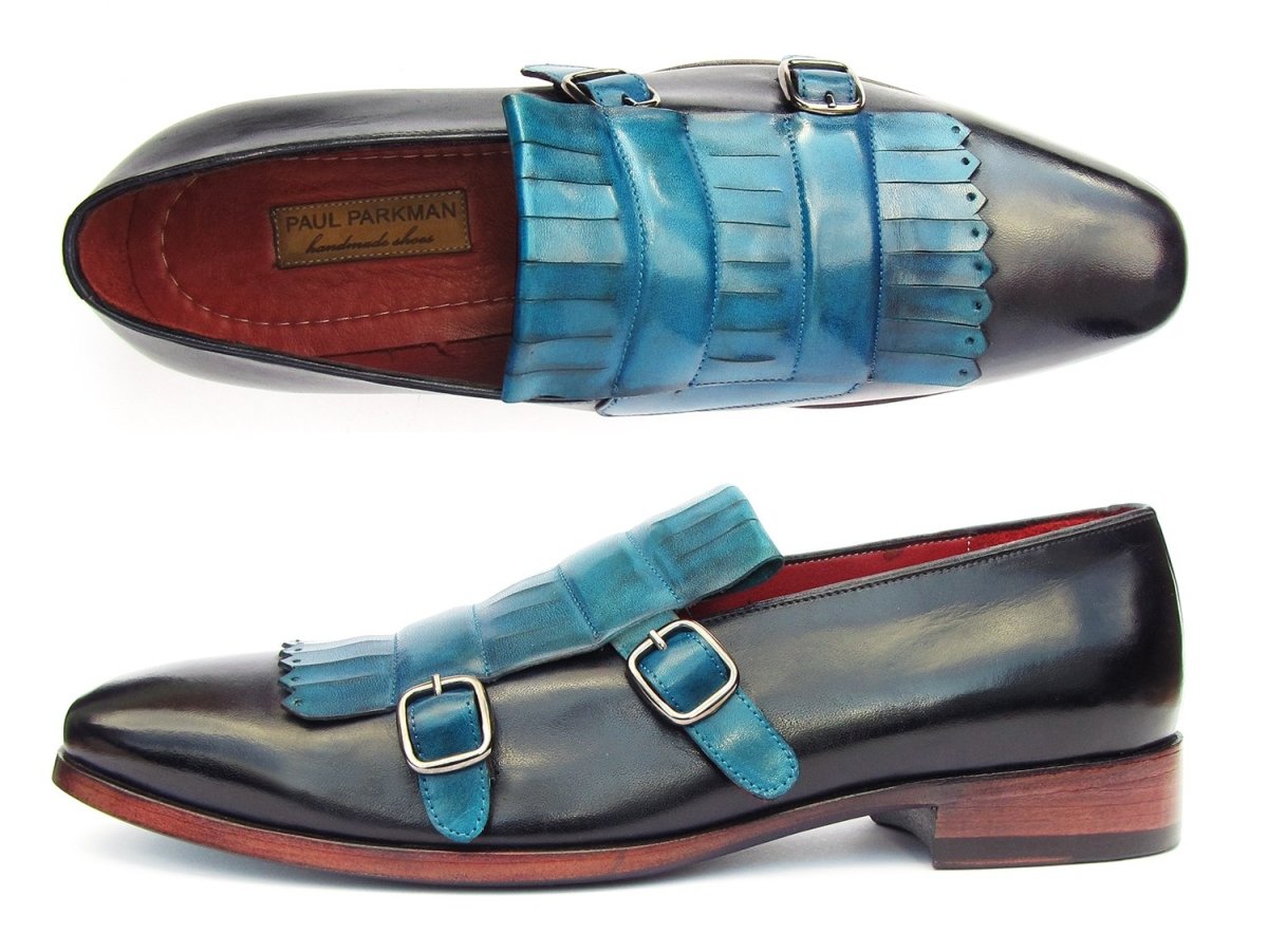 Paul Parkman Men's Kiltie Double Monkstraps in Light Blue and Navy