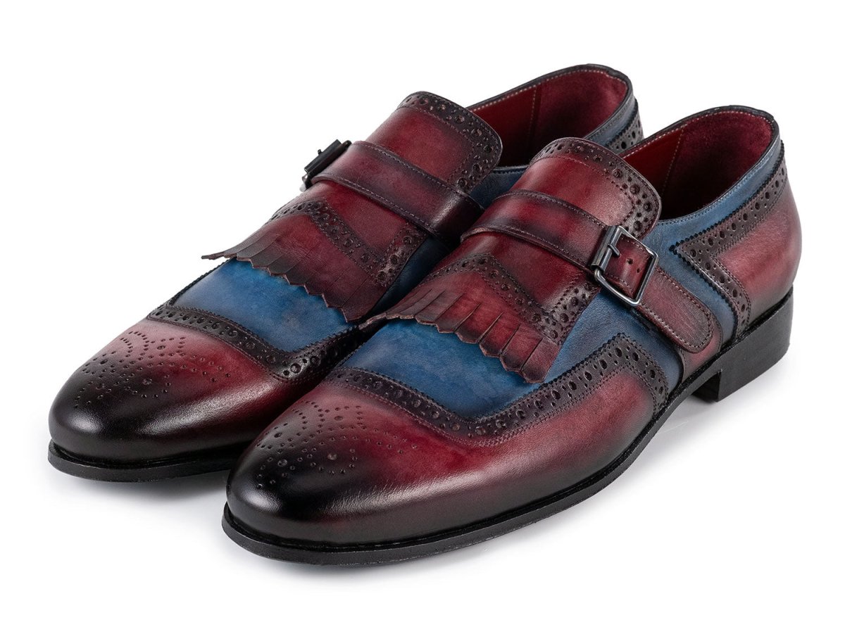 Paul Parkman Men's Kiltie Monkstrap Leather Shoes in Blue and Burgundy